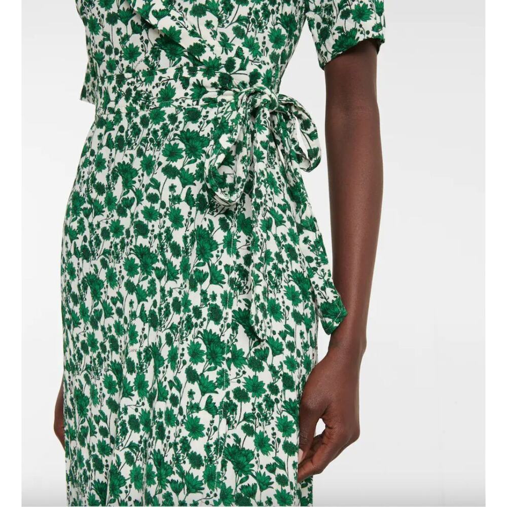 Ganni Green White Floral Wrap Dress Size 2 Hi-Lo Hem Romantic Boho Cottagecore - Picture 12 of 12
